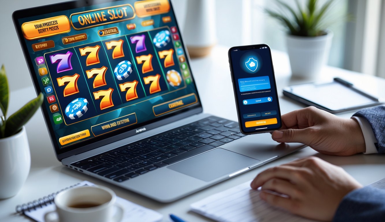 Seorang pengguna berinteraksi dengan komputer dan ponsel yang menampilkan permainan slot online dan aplikasi pembayaran dalam suasana kerja yang rapi dan terang.