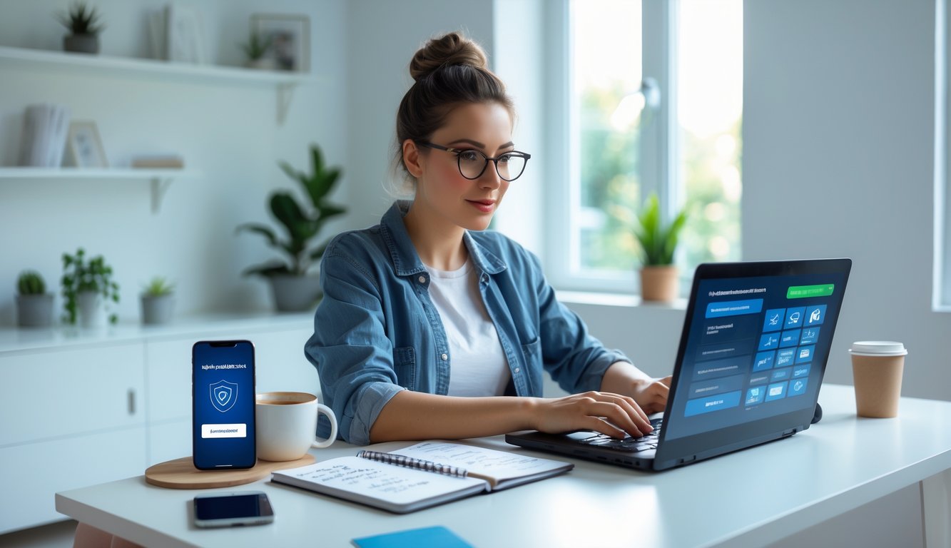 Seseorang duduk di meja dengan laptop, fokus bekerja di ruang kantor rumah yang terang dan rapi.
