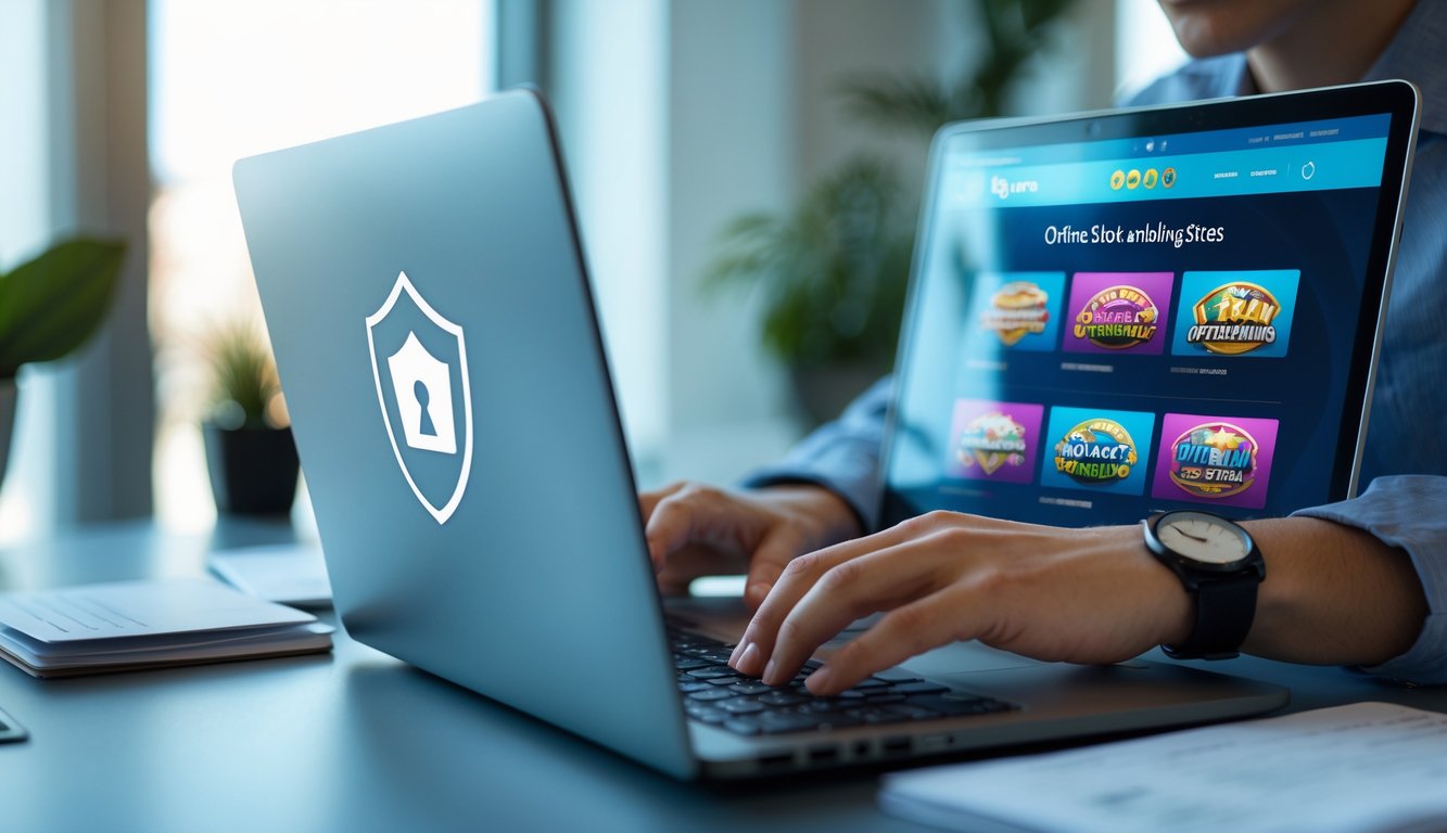 Seseorang duduk di meja dengan laptop, fokus memeriksa situs judi slot online yang aman, di ruang kantor yang terang dan rapi.