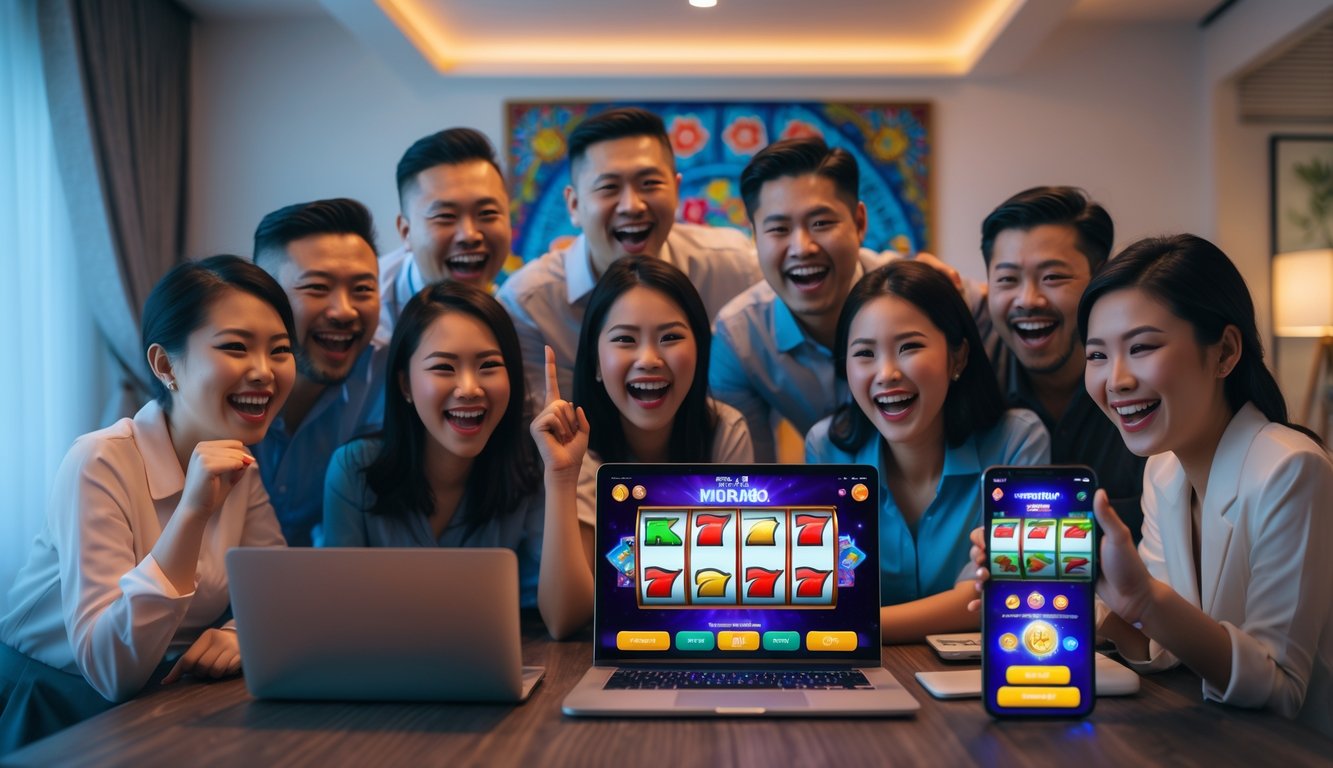 Sekelompok orang dewasa sedang bermain permainan slot online di laptop dan ponsel dengan ekspresi senang di sebuah ruangan yang nyaman.