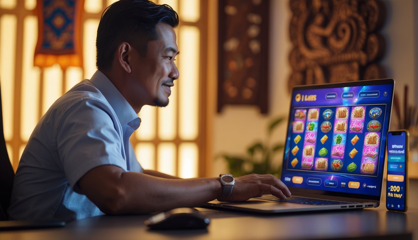 Seorang pria Indonesia sedang bermain judi slot online di depan laptop dengan ekspresi fokus dan senang di ruang yang nyaman dan terang.
