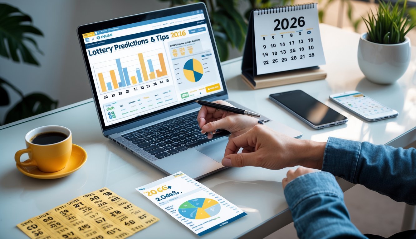 Seseorang sedang menganalisis data prediksi angka hoki di meja kerja dengan laptop, tiket lotere, dan kalender tahun 2026 di latar belakang.