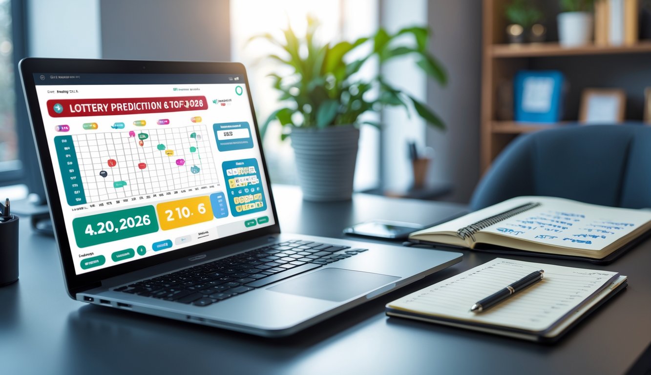 Meja kerja modern dengan laptop, buku catatan, dan ponsel yang menampilkan prediksi angka togel.