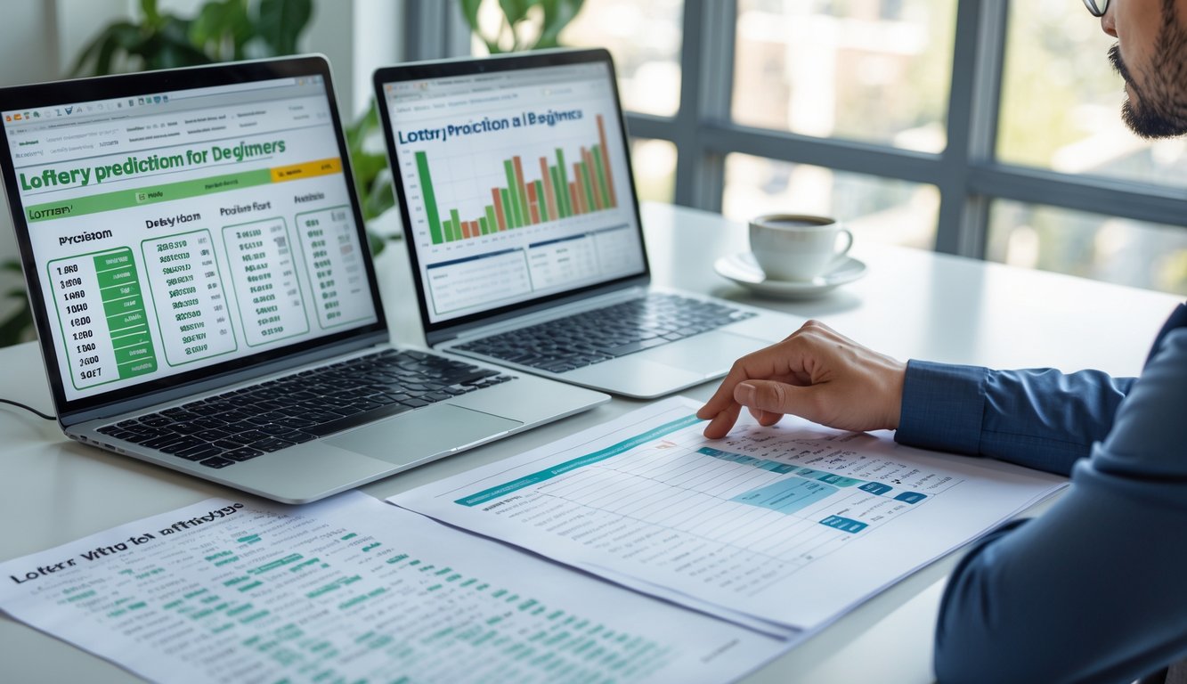 Seorang individu sedang menganalisis data angka di meja kerja yang rapi dengan laptop dan kertas berisi angka, di ruangan yang terang dengan cahaya alami.