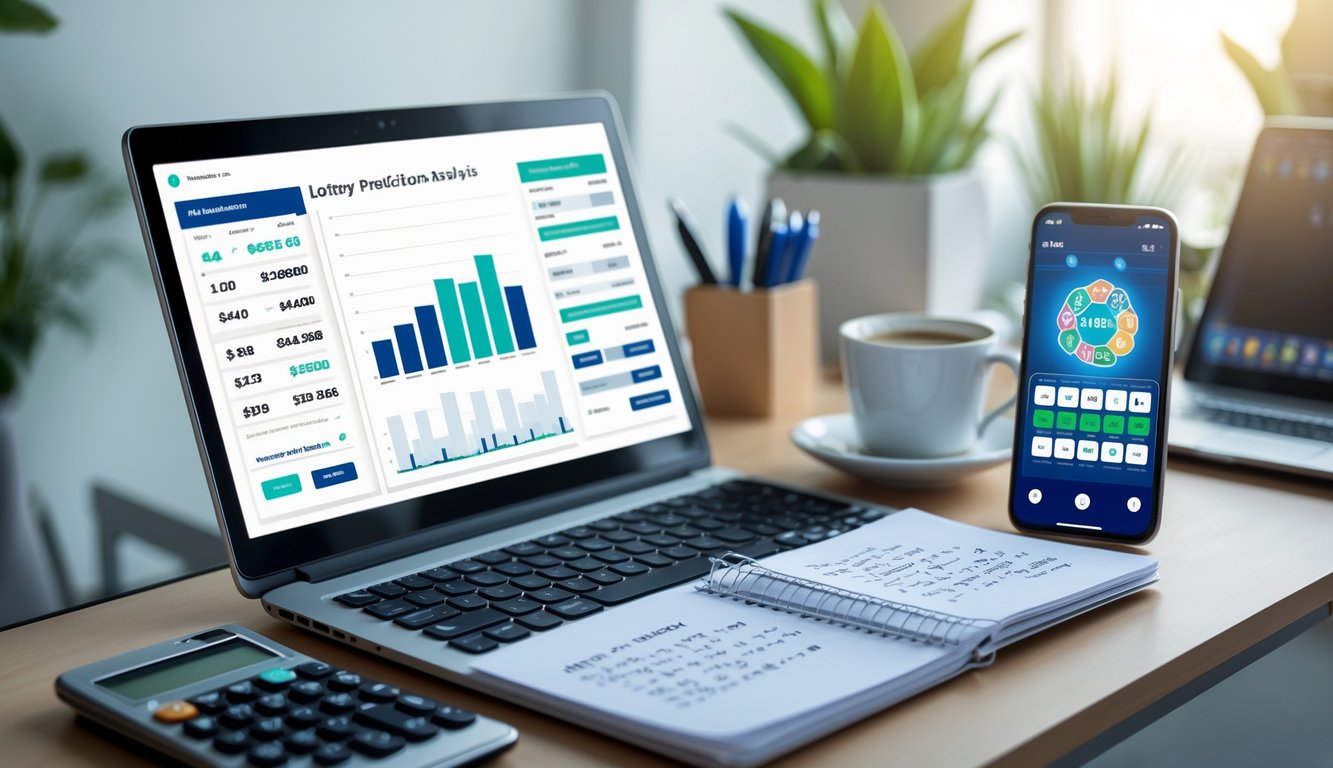 Meja kerja dengan laptop yang menampilkan data angka, buku catatan dengan tulisan tangan, cangkir kopi, dan ponsel yang menunjukkan aplikasi togel.