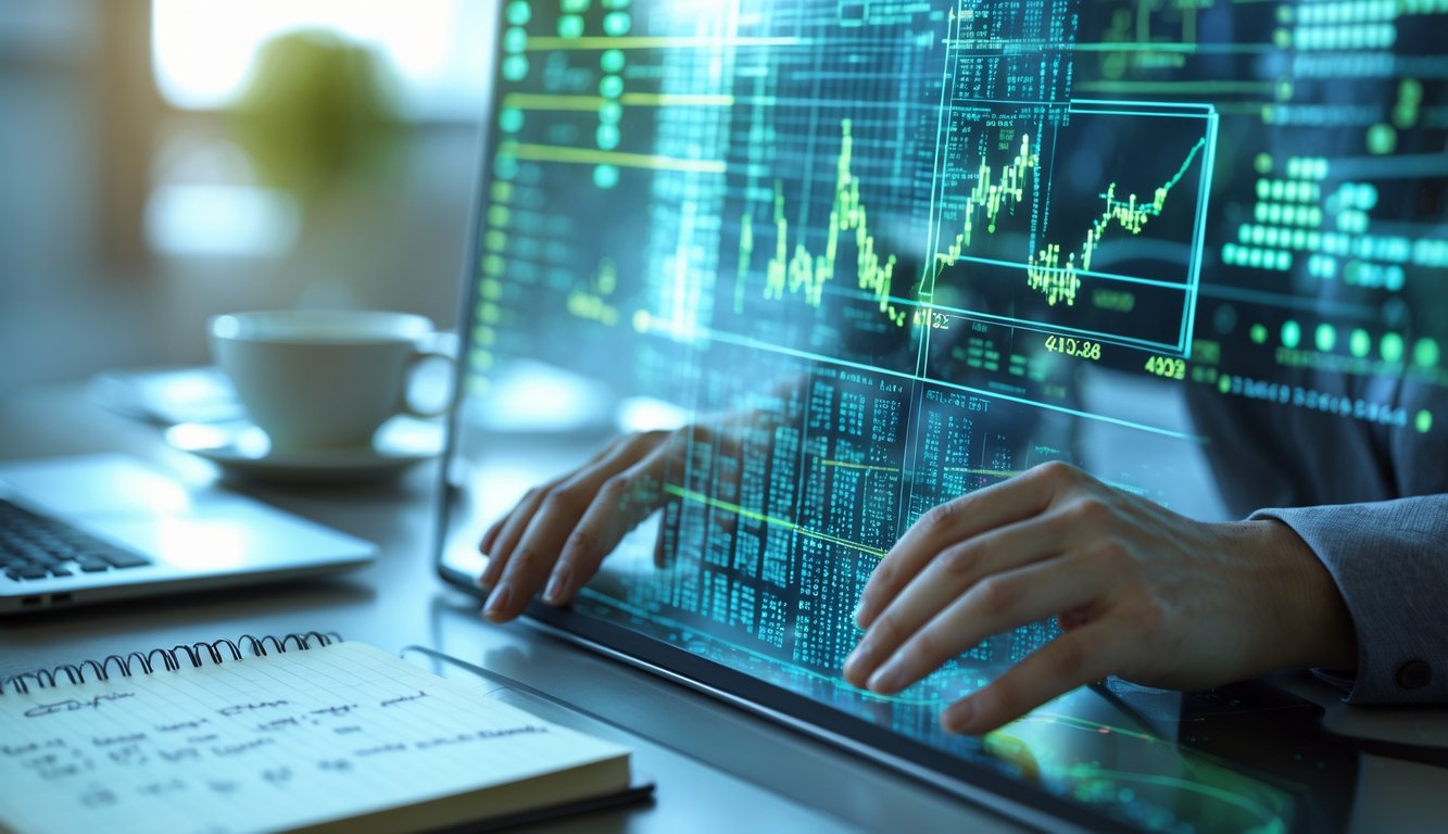Tangan seseorang sedang menganalisis pola angka dan grafik pada layar digital di atas meja kerja dengan laptop dan catatan.
