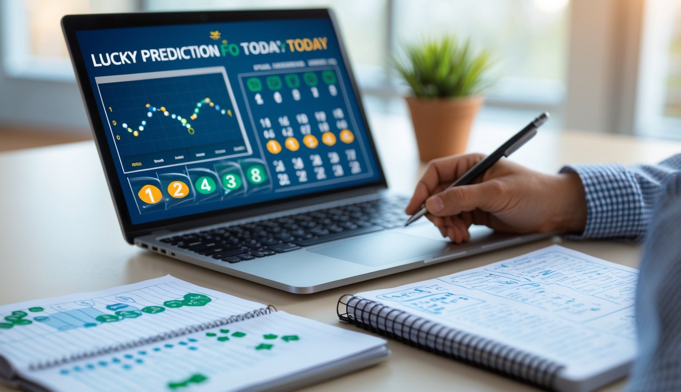 Seseorang sedang menganalisis pola prediksi togel dan angka hoki hari ini di sebuah meja kerja dengan laptop dan buku catatan.