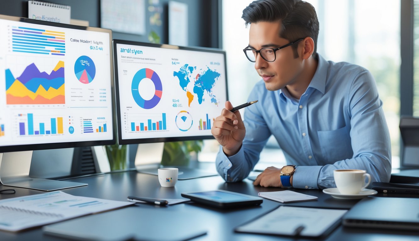 Seseorang sedang menganalisis data statistik angka di depan beberapa layar komputer di ruang kantor.