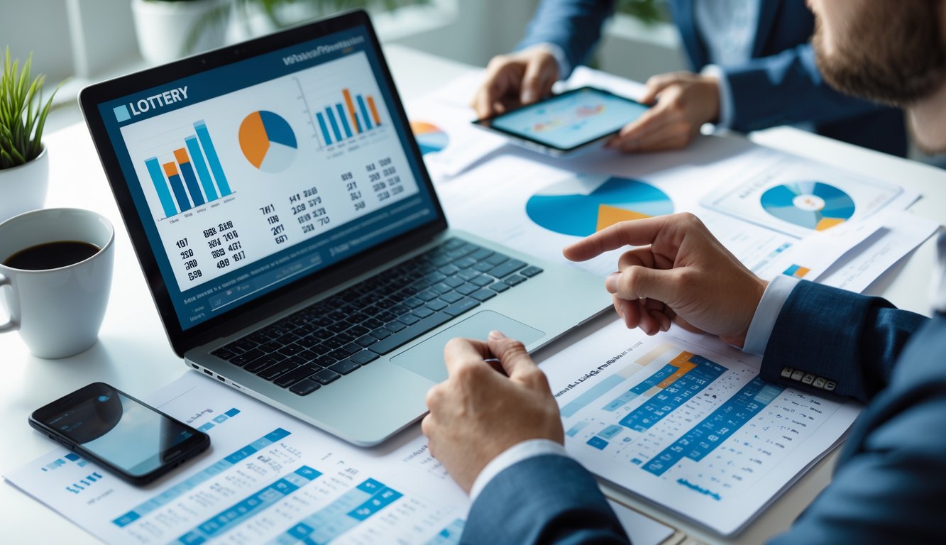 Seseorang sedang menganalisis data angka dan grafik di meja kerja dengan laptop dan tablet.