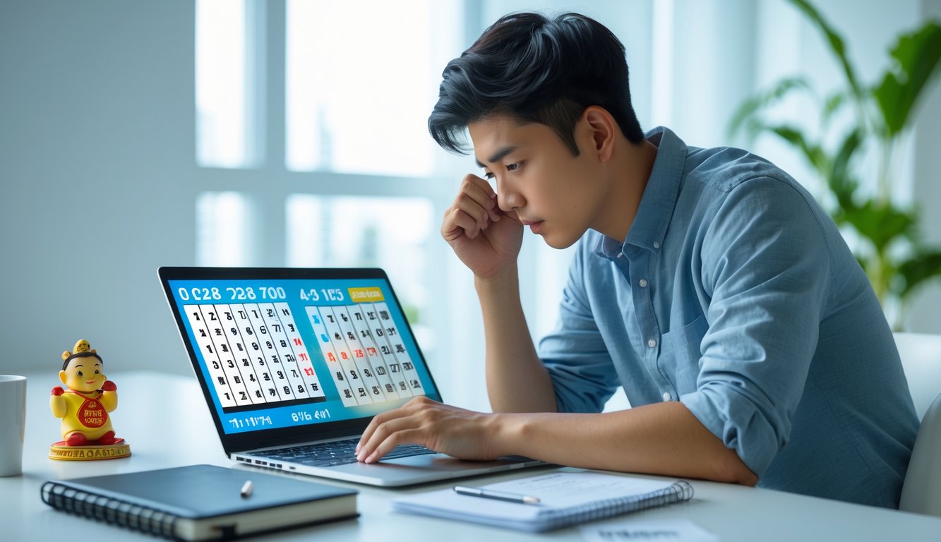 Seorang pria muda duduk di meja kerja, fokus melihat layar laptop dengan catatan dan benda keberuntungan di sekitarnya.