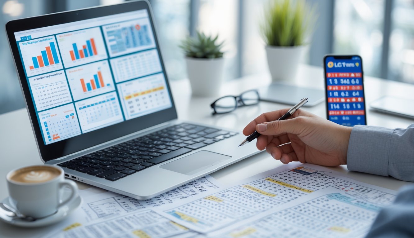 Seseorang sedang menganalisis angka dan strategi togel online di meja kerja dengan laptop dan dokumen angka.