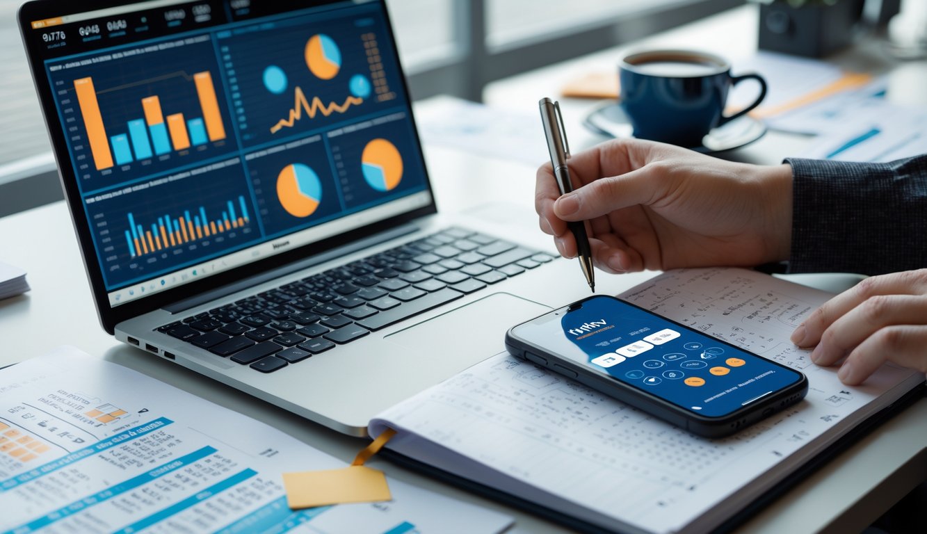 Meja kerja dengan laptop, catatan angka, dan ponsel yang menunjukkan aplikasi prediksi angka togel, dengan cahaya alami dari jendela.