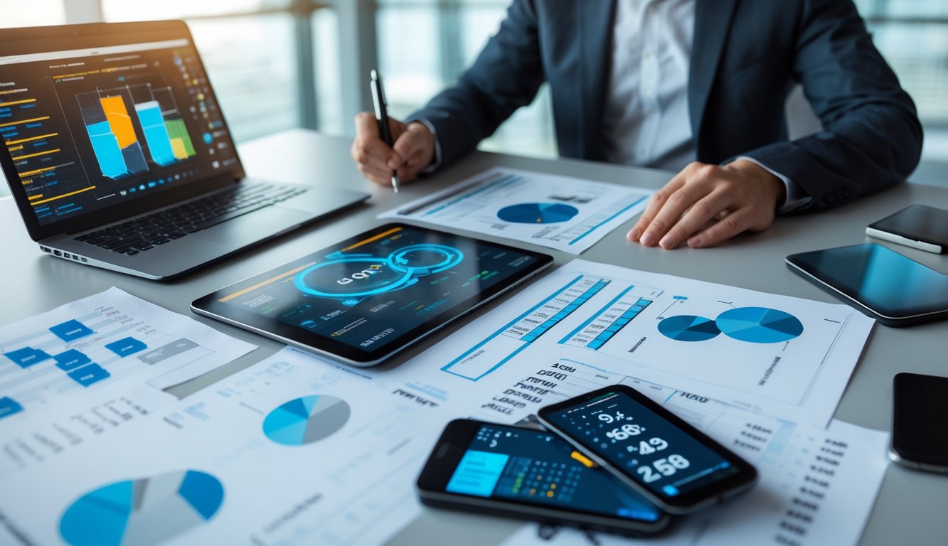 Meja kerja dengan perangkat digital dan dokumen data, seseorang sedang menganalisis angka-angka terbaru.