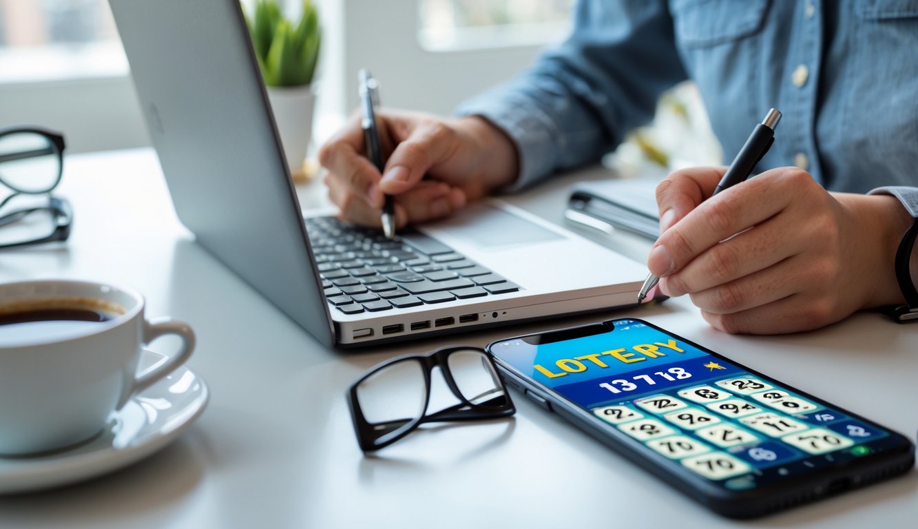 Tangan seseorang memegang pena dan buku catatan di meja kerja dengan laptop dan ponsel yang menampilkan angka togel.