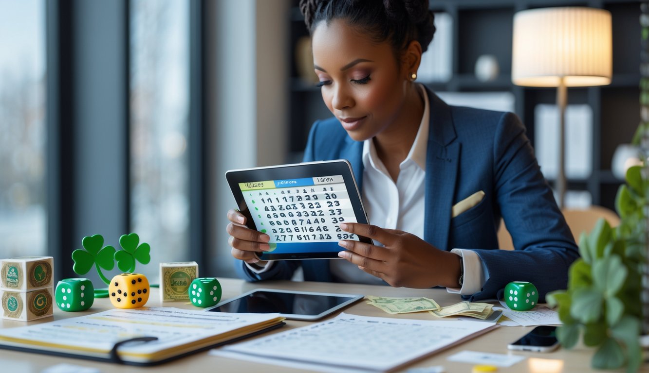 Seorang pria sedang menganalisis angka togel di meja kerja dengan berbagai benda keberuntungan di sekitarnya.