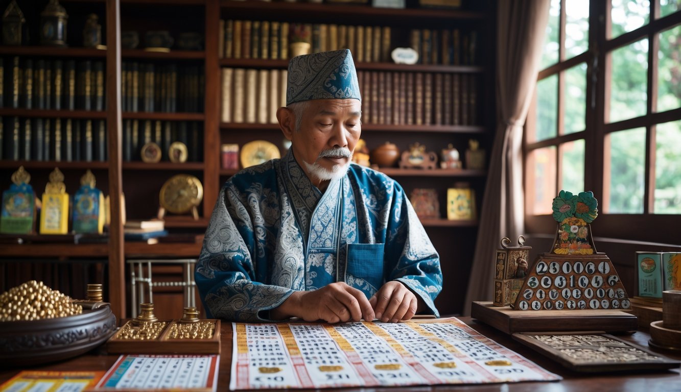 Seorang pria tua mengenakan pakaian batik duduk di meja kayu dengan alat tradisional untuk memprediksi angka togel, di ruangan dengan cahaya alami dan latar belakang rak buku.