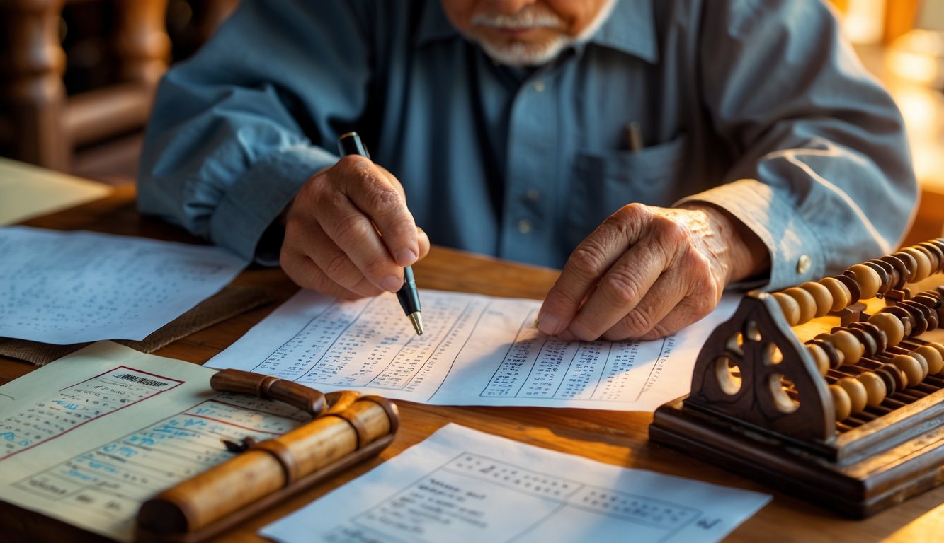 Seorang lansia sedang menganalisis catatan dan alat tradisional di meja kayu dengan ekspresi fokus.