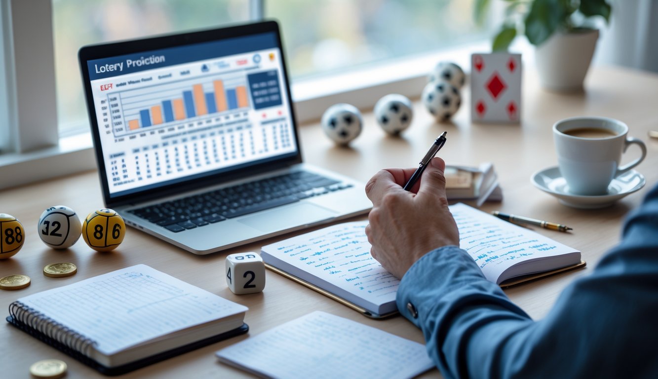 Seorang pria duduk di meja kerja dengan laptop, catatan, dan bola lotere, tampak fokus menganalisis data dalam suasana yang tenang.
