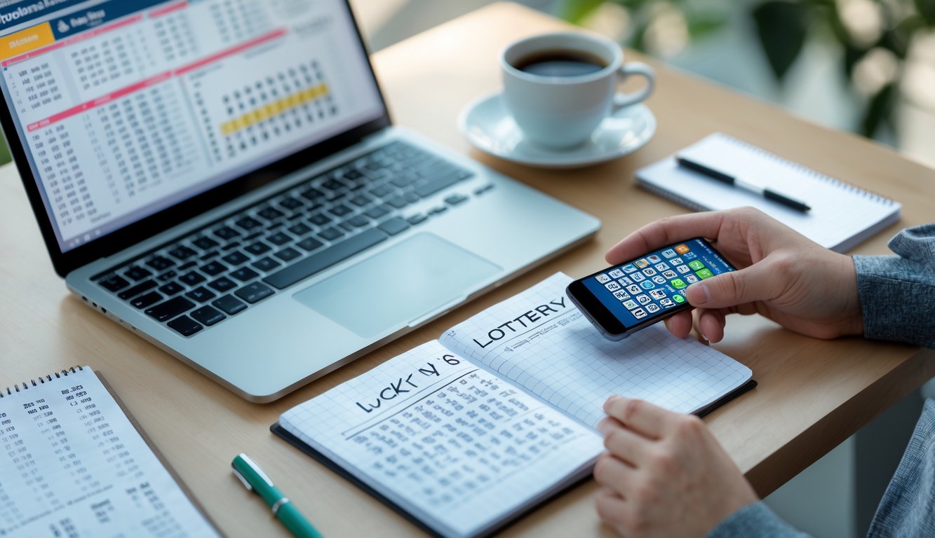 Meja kerja dengan laptop, buku catatan, kopi, dan ponsel yang menampilkan aplikasi prediksi angka hoki.