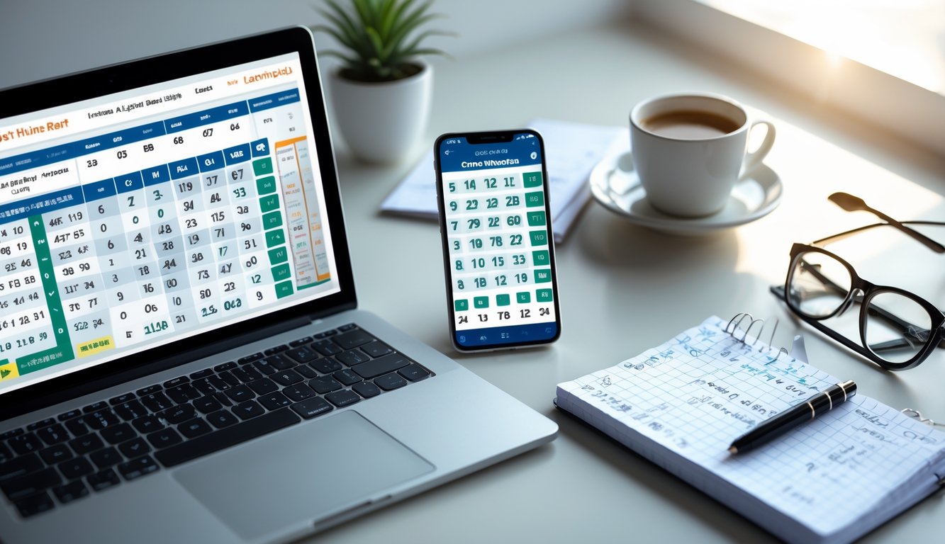 Meja kerja dengan laptop, smartphone, catatan, dan cangkir kopi yang menunjukkan suasana analisis angka togel.