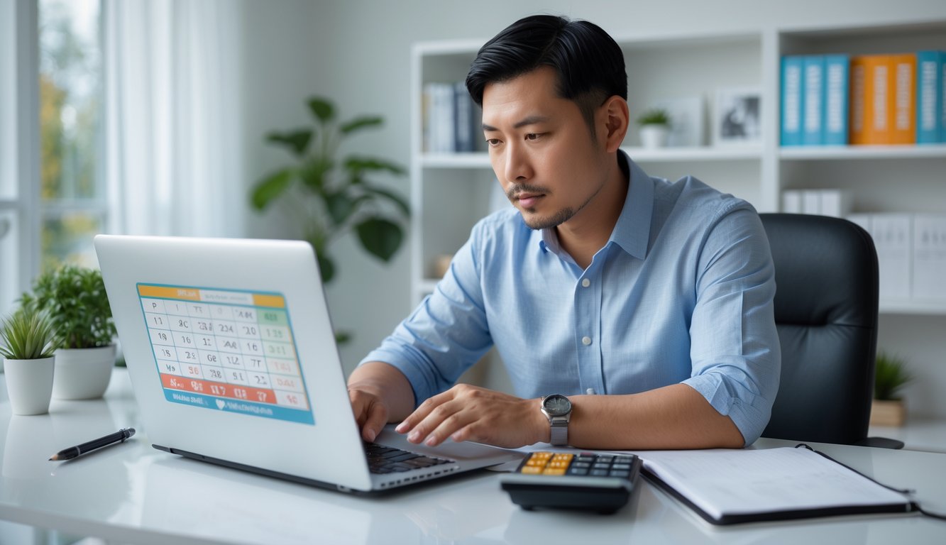 Seorang pria Asia duduk di meja kerja dengan laptop, buku catatan, dan kalkulator di ruangan terang yang rapi.