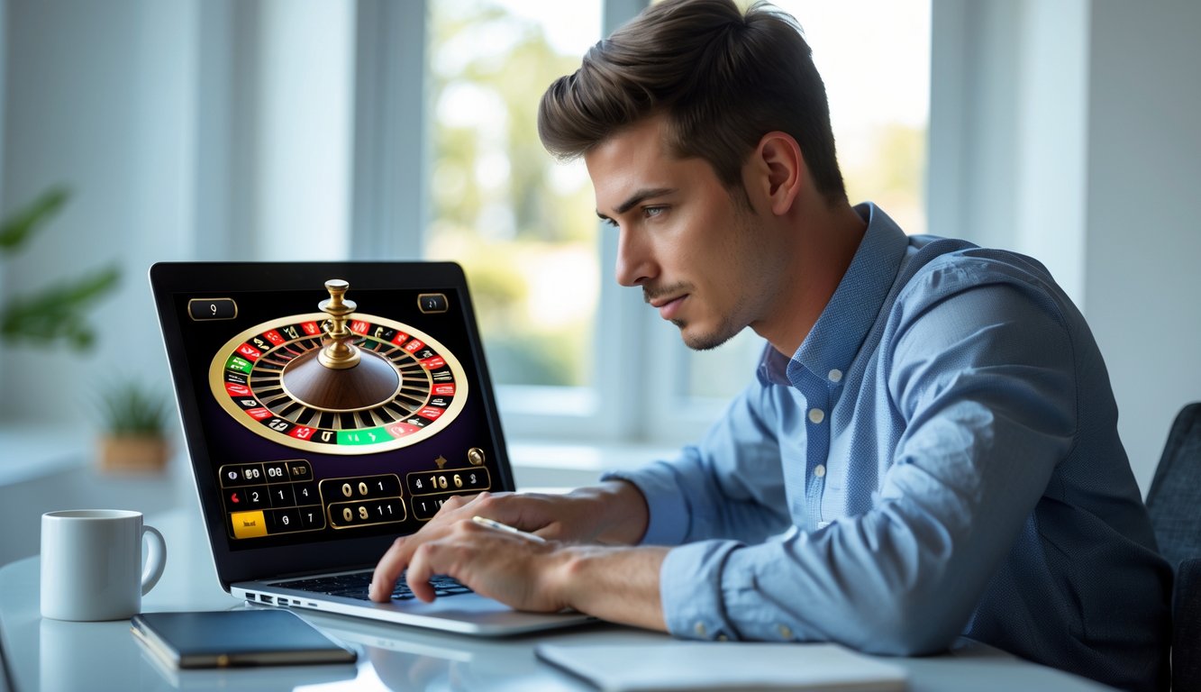 Seorang pria muda duduk di meja dengan laptop, bermain roulette online dengan fokus di ruangan yang terang dan nyaman.