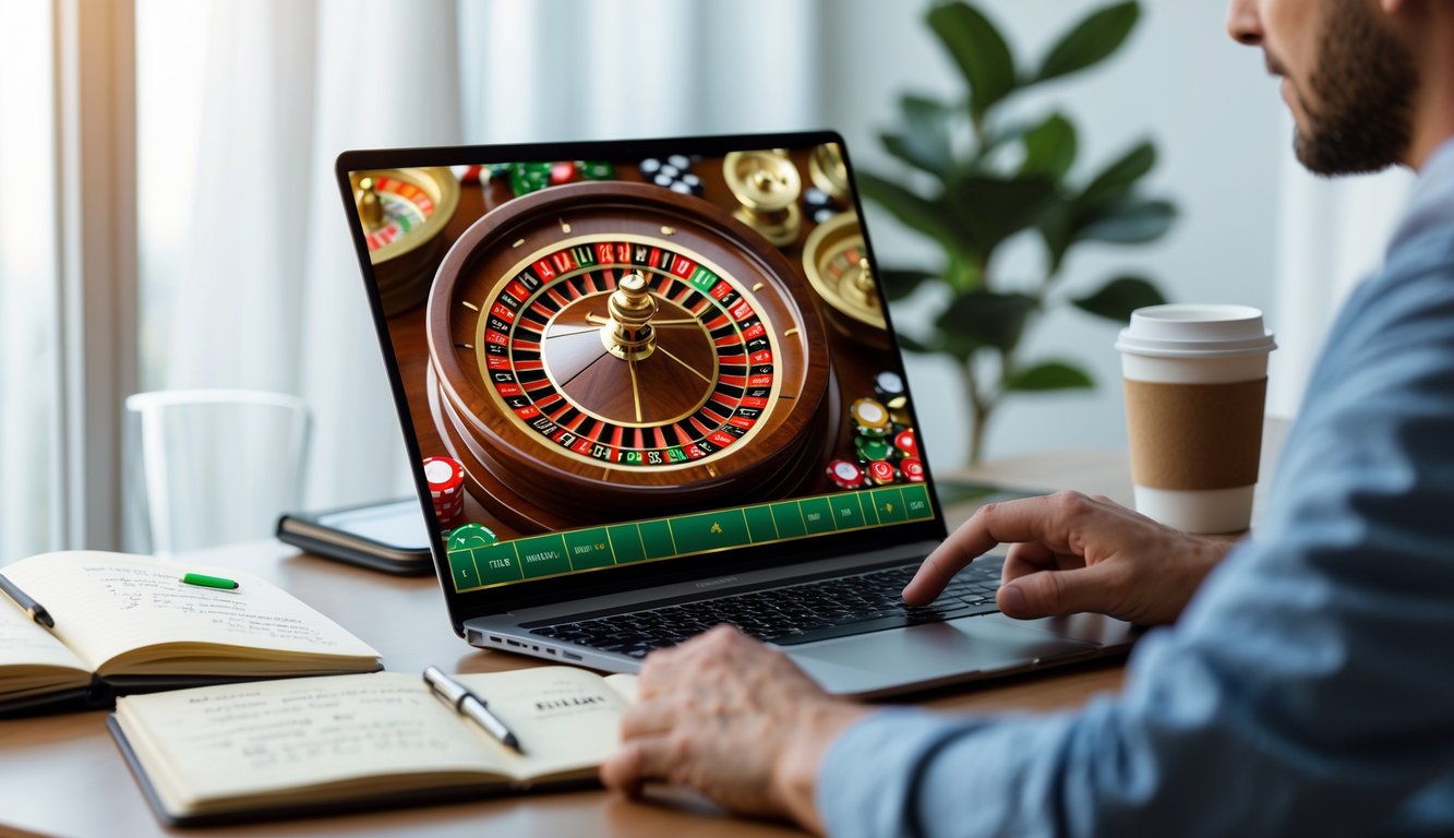 Seorang pengguna sedang belajar bermain roulette online dengan laptop yang menampilkan roda roulette dan catatan di meja kerja yang rapi.