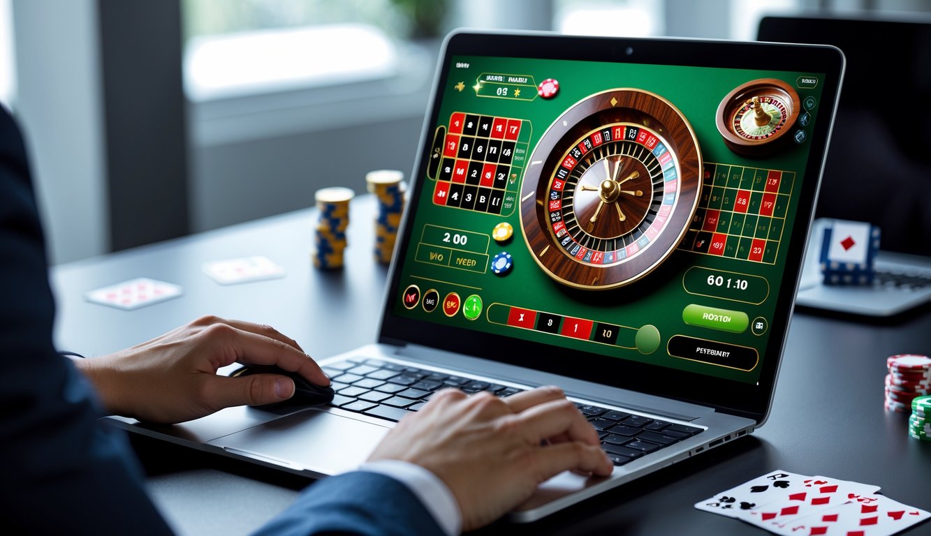 Seseorang menggunakan komputer dengan tampilan roda roulette dan chip taruhan di layar, di meja kerja yang rapi dengan elemen kasino di sekitar.