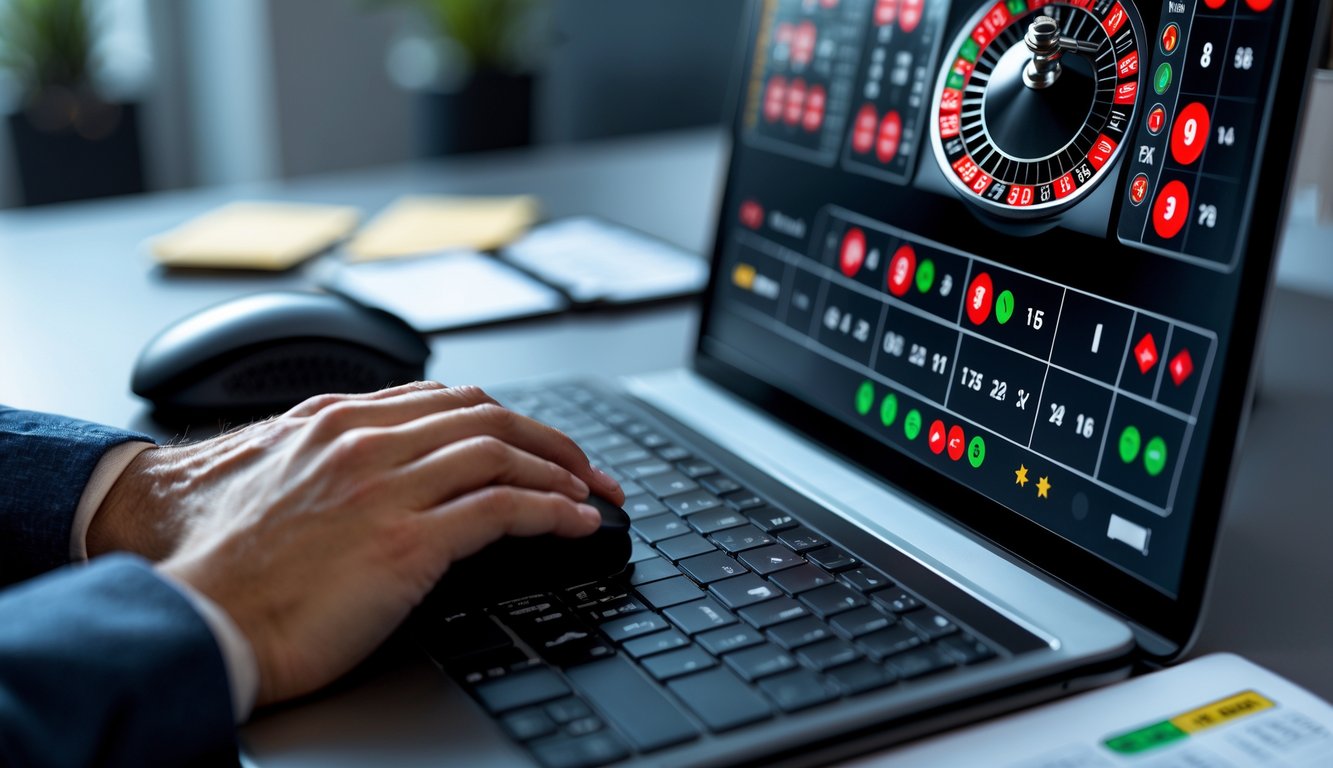 Seseorang sedang bermain roulette online di depan komputer dengan suasana fokus dan alat catatan di meja.