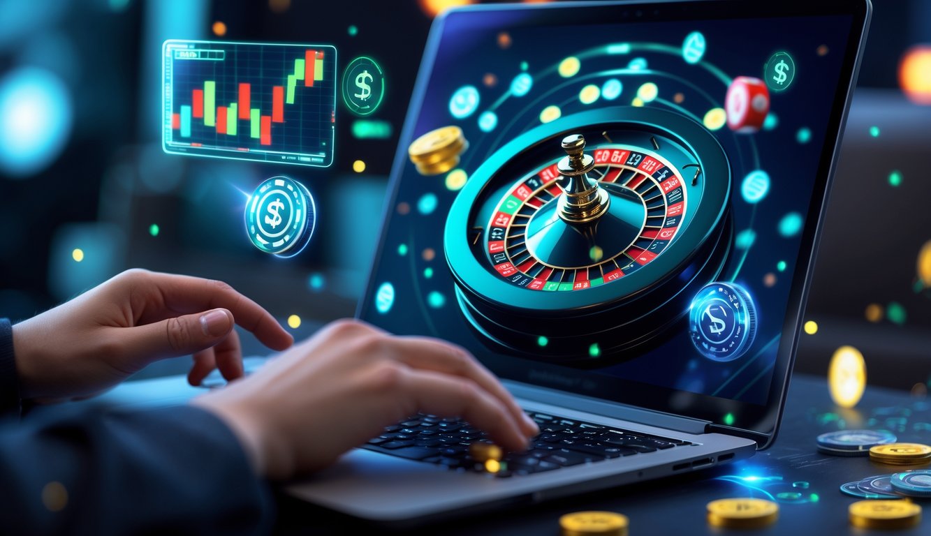 Seseorang menggunakan laptop dengan tampilan roda roulette berputar di layar di dalam ruangan kasino virtual.