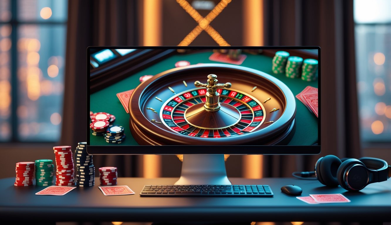 Sebuah meja komputer modern dengan monitor menampilkan roda roulette virtual dan perlengkapan kasino di sekitarnya.