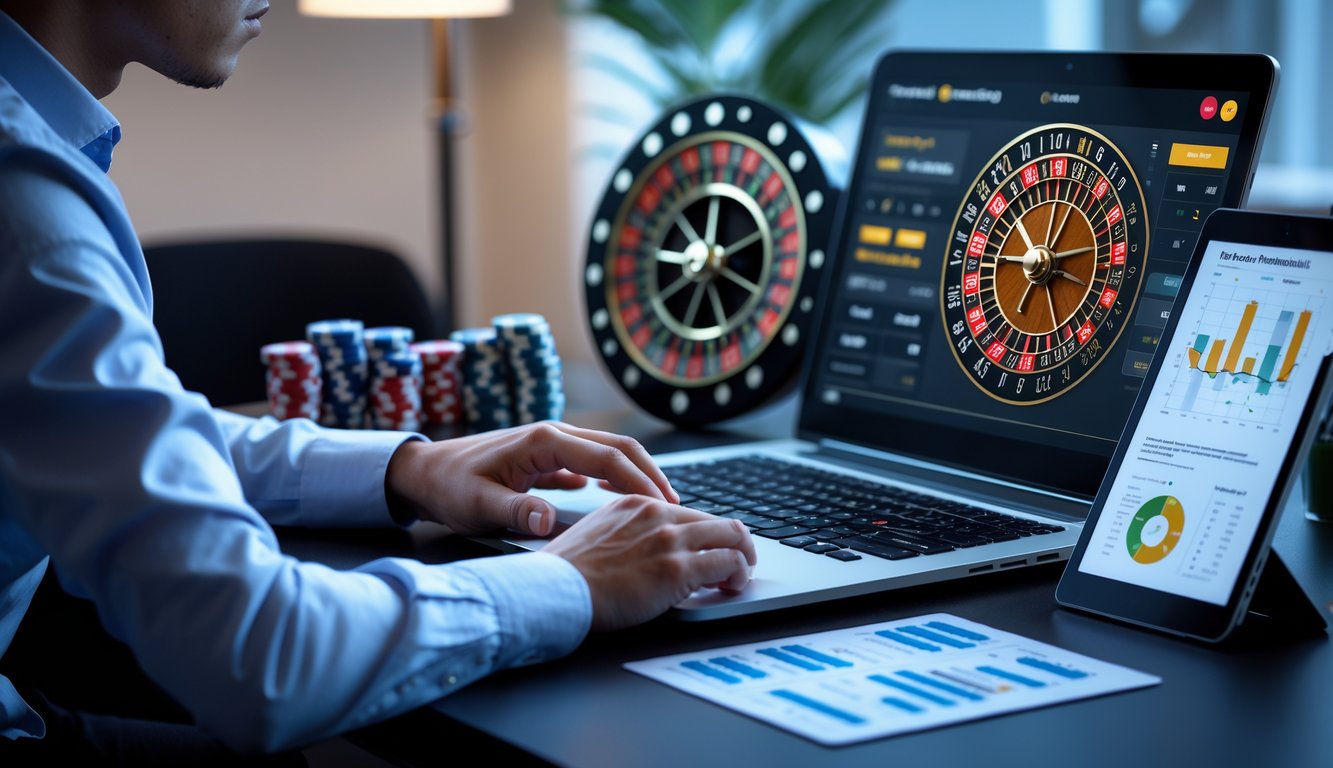 Seseorang sedang duduk di depan laptop dan tablet, menganalisis pola dan peluang permainan roulette online.