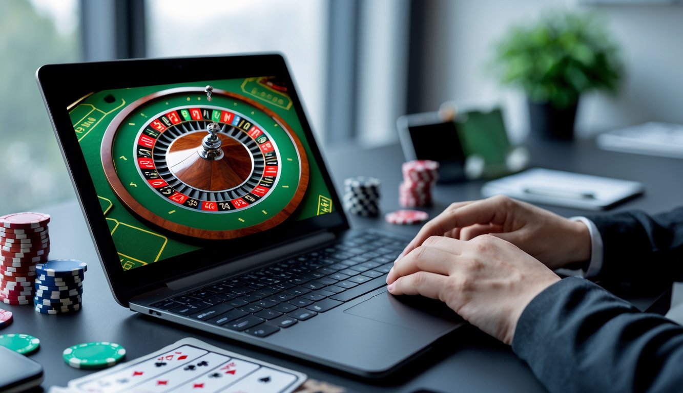 Seorang pemain sedang menggunakan laptop dengan tampilan permainan roulette online, tangan terlihat mengoperasikan mouse di meja kerja yang rapi dengan beberapa chip poker dan catatan strategi.