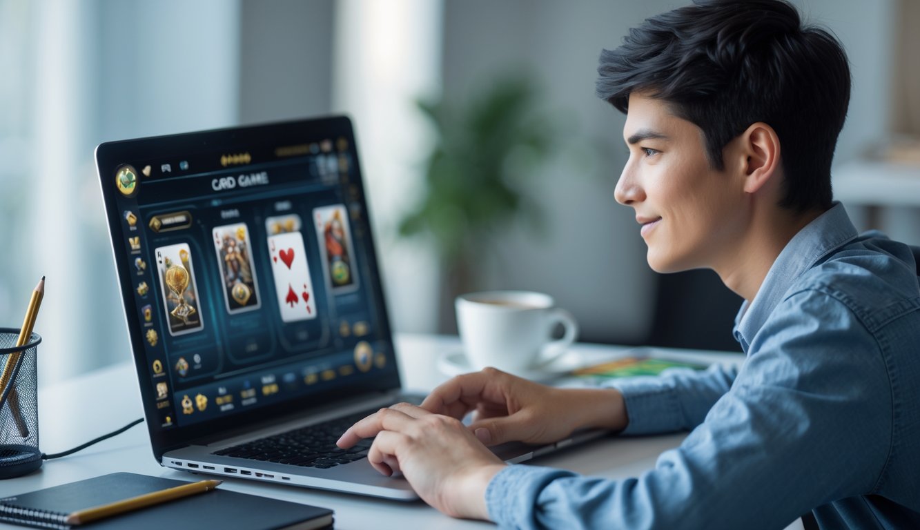 Seorang pemain muda sedang fokus bermain permainan kartu online di depan laptop di meja kerja yang rapi.