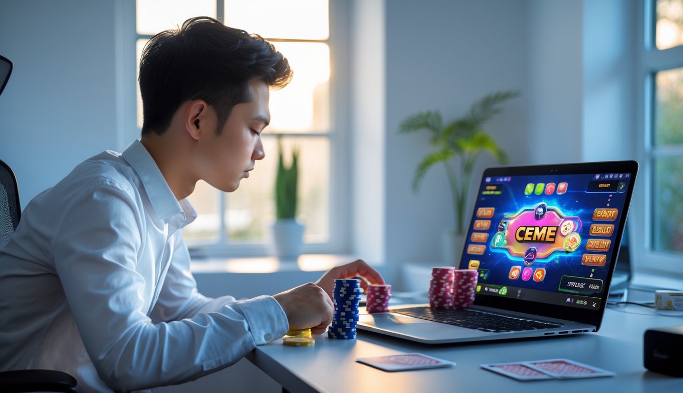 Seorang pemain muda fokus bermain Ceme online di laptop di ruang kerja modern dengan pencahayaan alami.