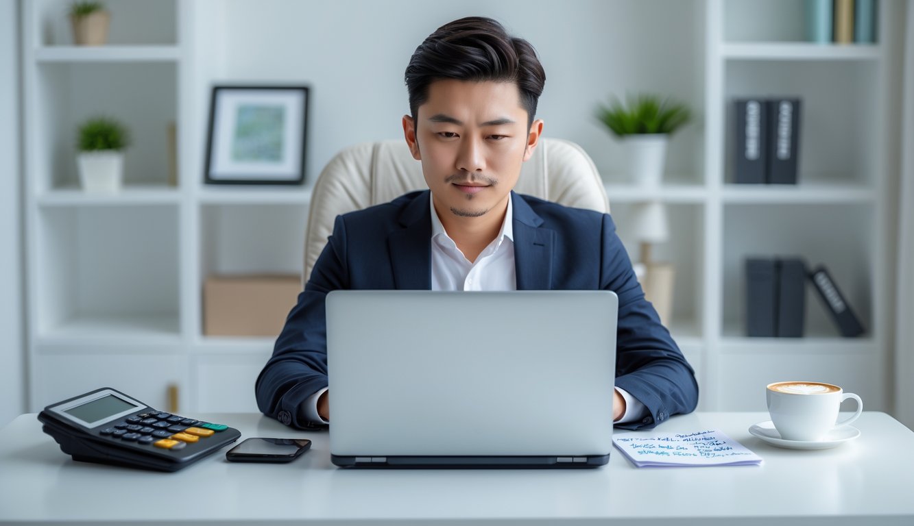 Seorang pria muda duduk di meja dengan laptop terbuka, terlihat fokus dan serius dalam suasana kantor rumah yang rapi.