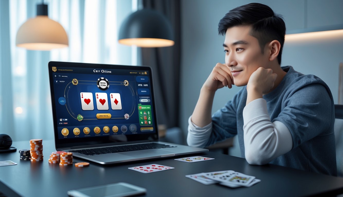 Seorang pria muda duduk di meja dengan laptop yang menampilkan permainan kartu online, dikelilingi chip poker dan kartu, fokus dan berpikir strategis.