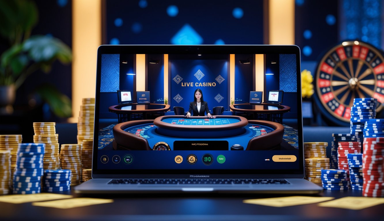 Seorang dealer kasino langsung sedang bermain kartu di depan layar komputer dengan latar belakang motif batik Indonesia.