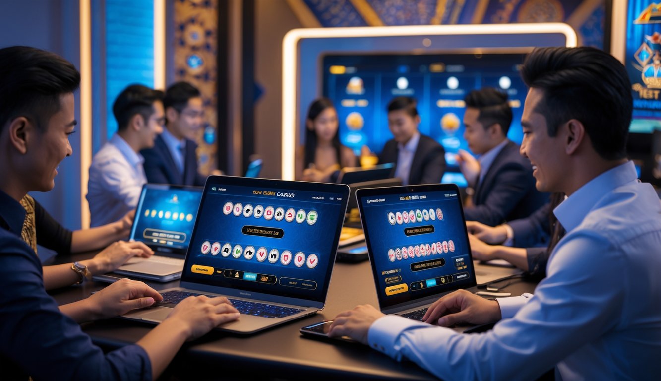 Orang-orang bermain permainan kasino langsung secara online menggunakan perangkat digital di lingkungan modern dengan dekorasi bertema Indonesia.