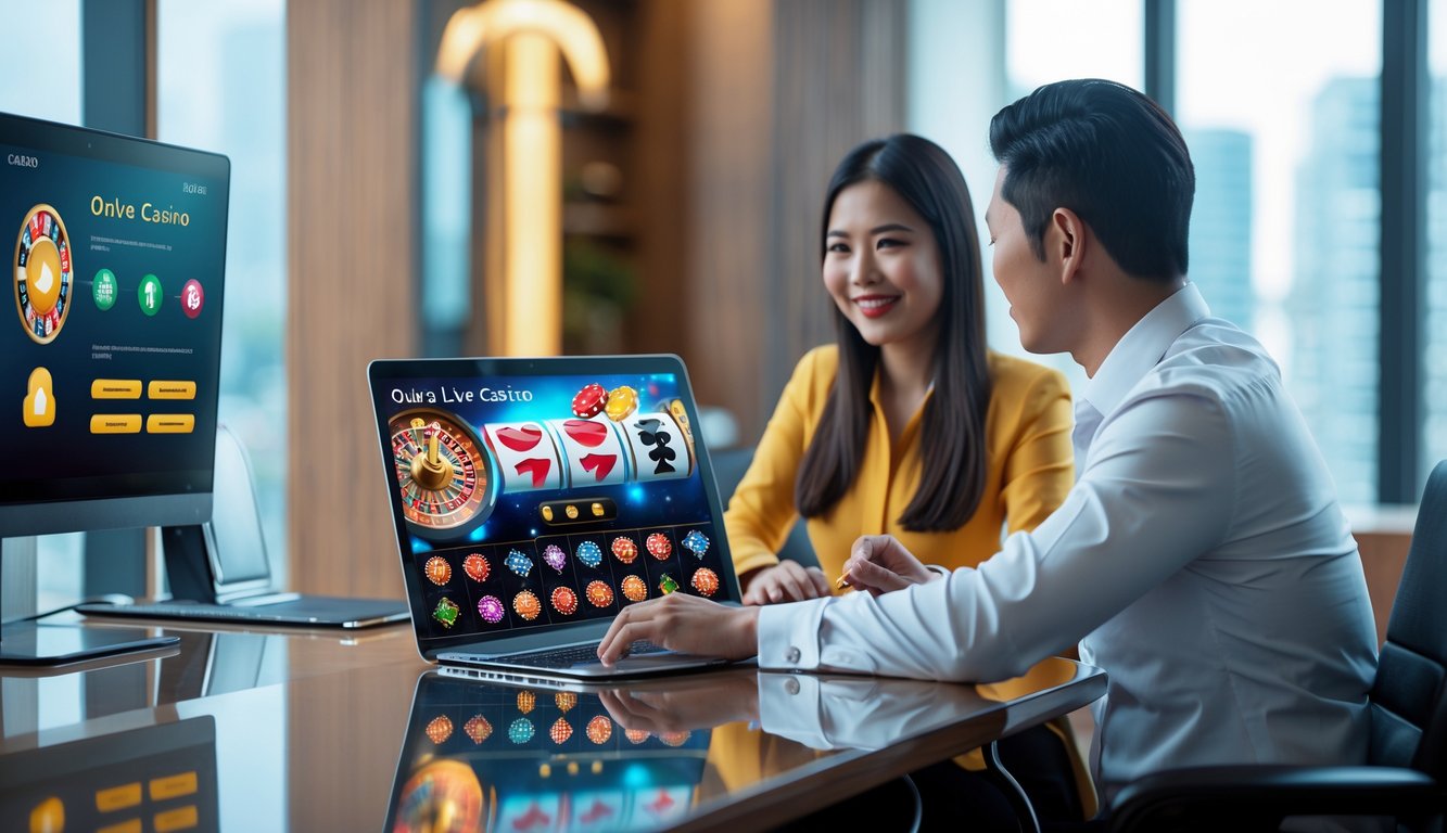 Dua orang Asia duduk di meja kantor modern, berdiskusi sambil melihat layar laptop yang menampilkan permainan kasino online.