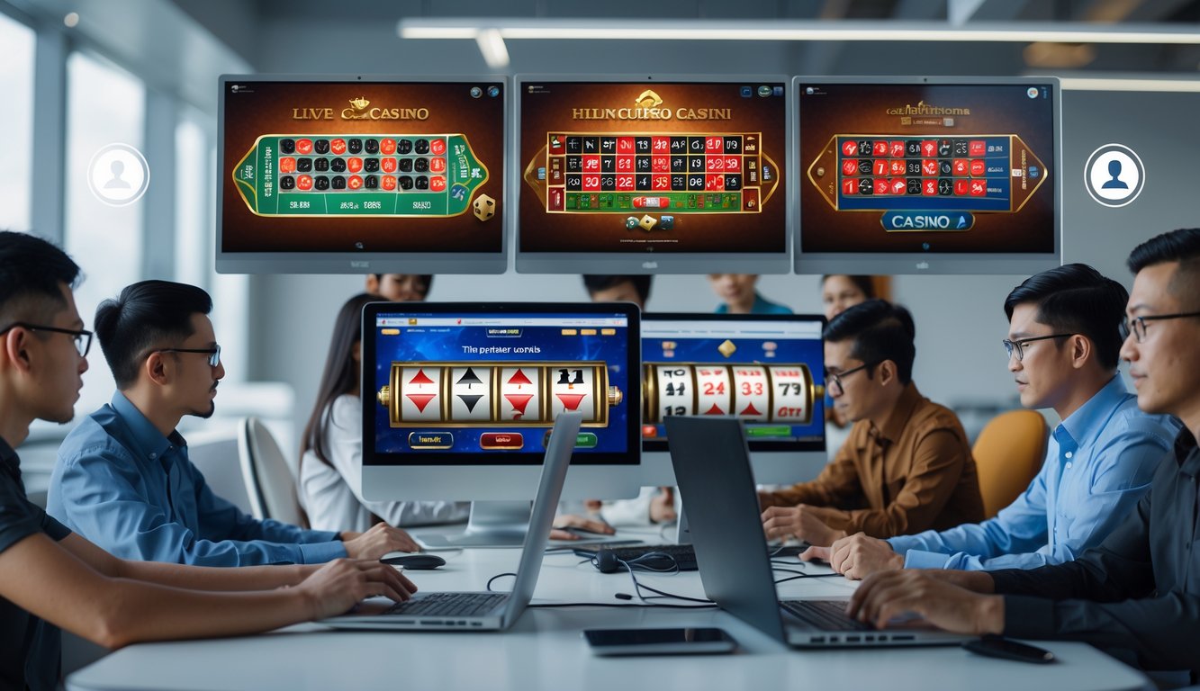 Sekelompok profesional muda Indonesia sedang menggunakan komputer untuk bermain permainan kasino langsung online di sebuah kantor modern.