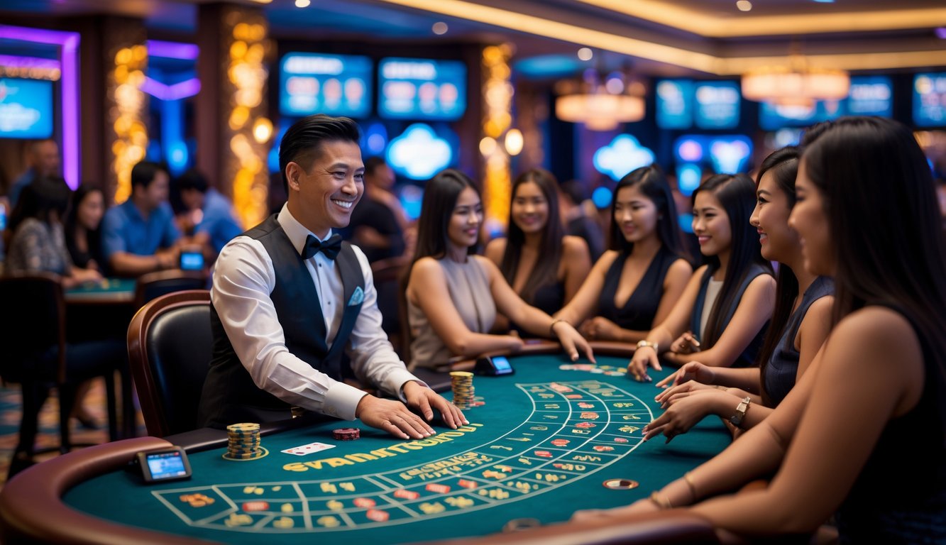 Seorang dealer kasino yang ramah melayani pemain di meja permainan kasino dengan lampu dan layar digital di latar belakang.