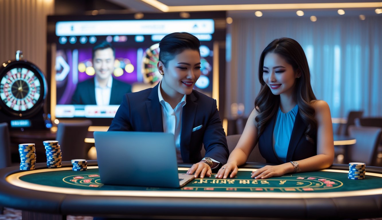 Seorang pria dan wanita Indonesia duduk di meja kasino dengan dealer langsung terlihat di layar digital di latar belakang, menggunakan laptop dan ponsel untuk bermain kasino online.