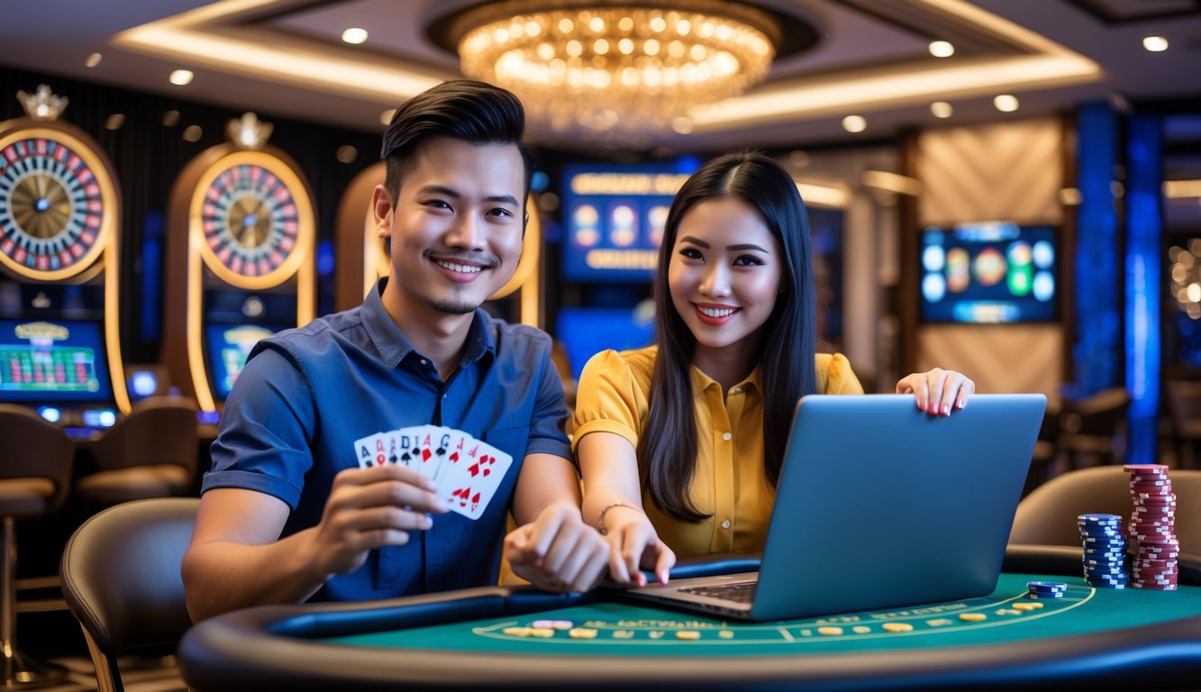 Seorang pria dan wanita muda sedang bermain di meja kasino dengan laptop yang menampilkan permainan kasino langsung, di dalam ruangan kasino yang terang dan rapi.