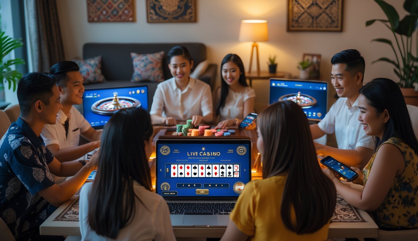 Sekelompok orang muda sedang bermain permainan kasino langsung secara online di rumah yang nyaman dengan perangkat laptop dan ponsel.