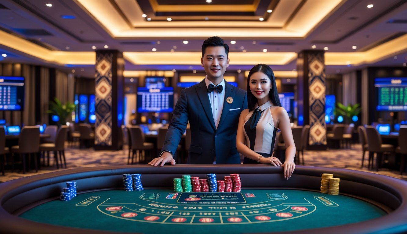 Dua dealer kasino berdiri di belakang meja permainan dengan kartu dan chip, di dalam ruangan kasino mewah dengan pencahayaan hangat dan dekorasi batik.