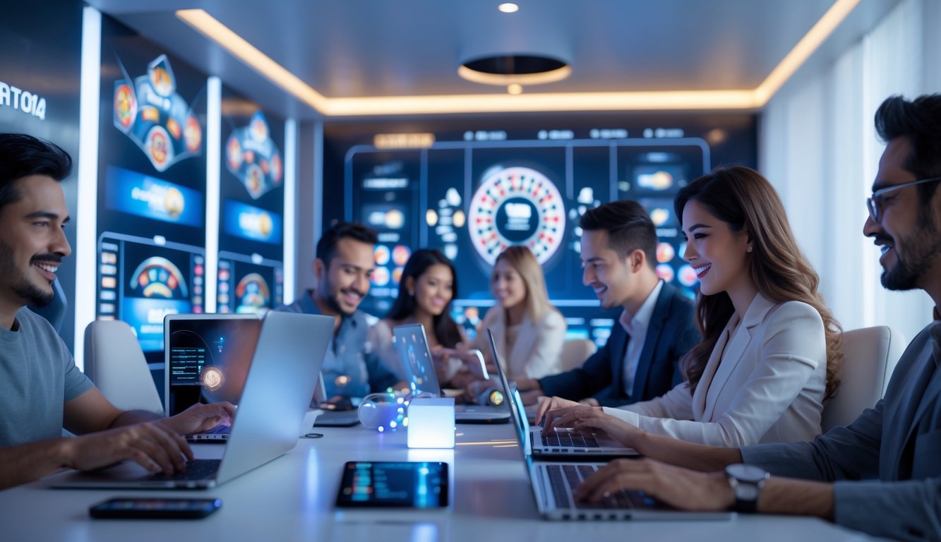 Orang-orang menggunakan perangkat digital untuk bermain permainan kasino langsung secara online di lingkungan modern dan profesional.