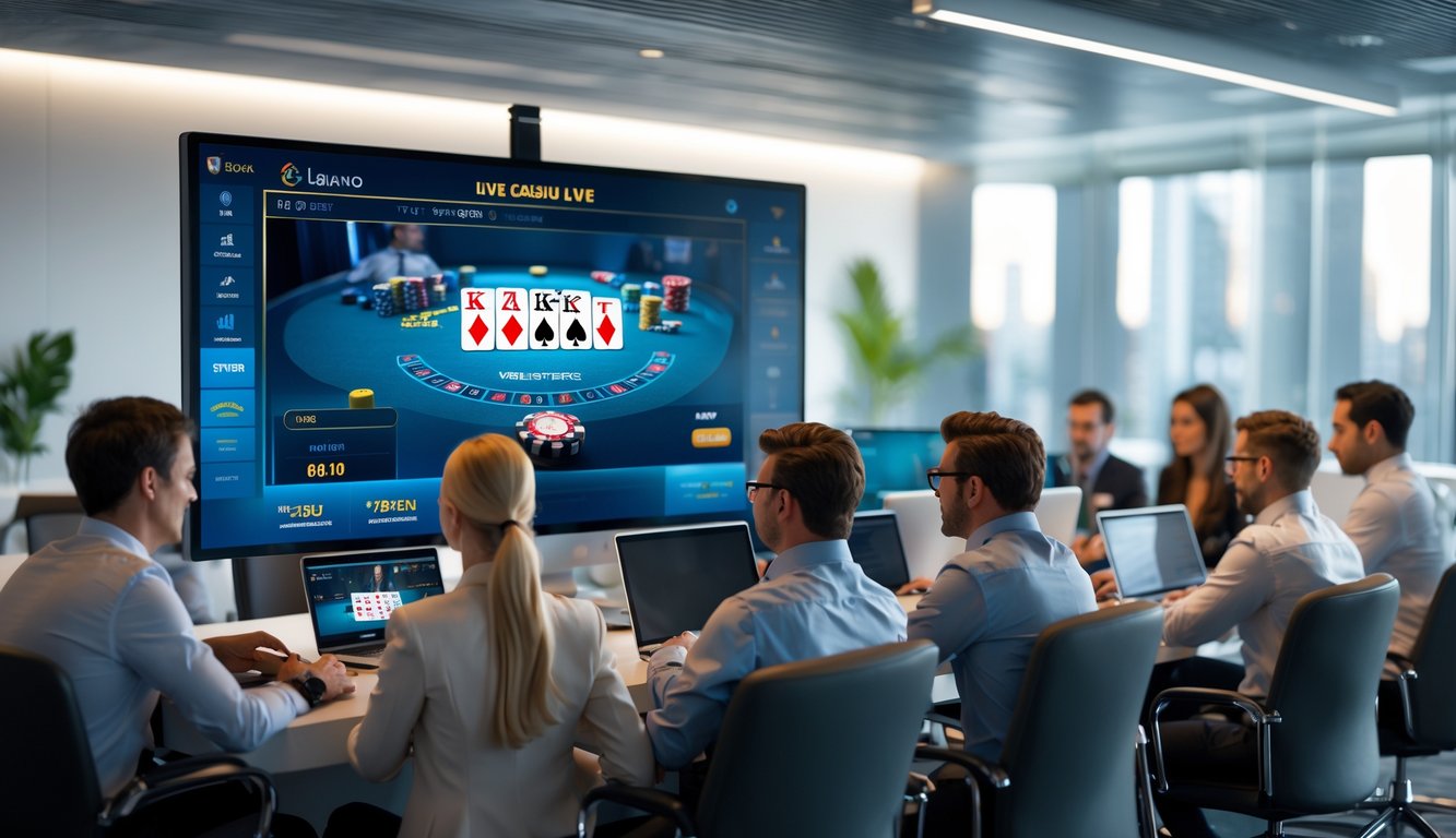 Orang-orang sedang bermain kasino online dengan dealer langsung di komputer dan perangkat elektronik di sebuah kantor modern.