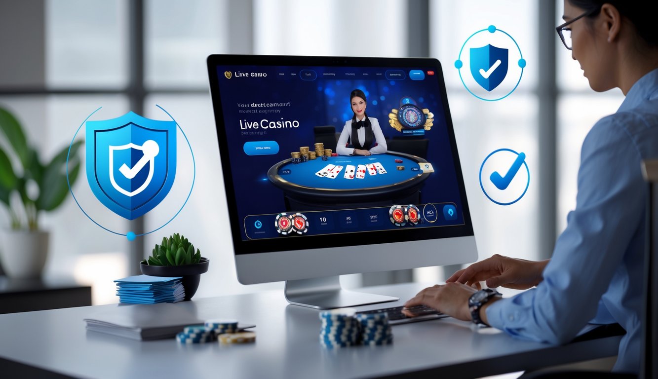 Seseorang menggunakan laptop dengan tampilan permainan live casino online yang profesional di meja kerja yang rapi.