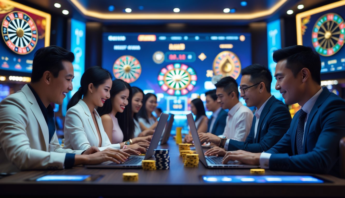 Orang-orang sedang bermain permainan kasino online di perangkat digital dalam suasana kasino yang modern dan mewah.